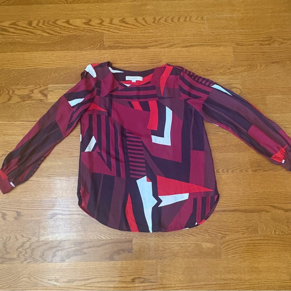 LOFT Red and Black Graphic Long Sleeve Blouse